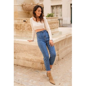 SARAH CHINO UNI BAMDEAU IMPRIMÉ JEANS CURVY MOM FIT:Bleu