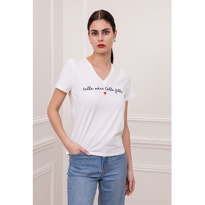 R1467 MERE ET FILLE T SHIRT COL V BRODEE:Bleu
