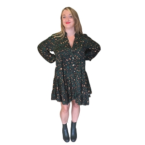 V38F3 KATYKA ROBE SATIN EN SOIE IMPRIME:Vert