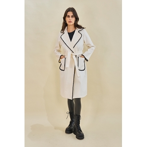 23782-41-LACETS VESTE MI LONGUE COTELET FESTONNET:Beige
