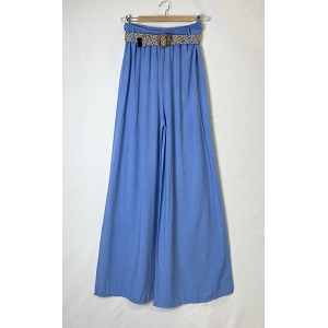 B79 PANTALON LARGE FLUIDE A CEINTURE:Bleu