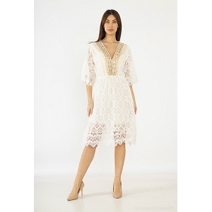 PANTALON LARGE FLUIDE A CEINTURE ROBE BOHEME A POMPOM:Blanc