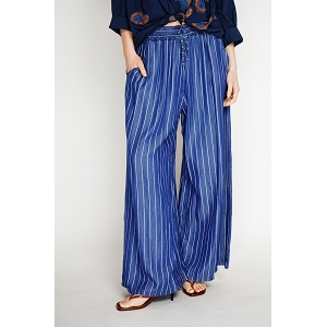 TOP MANCHES VOLANTES PANTALON  RAYURE TENCEL:Bleu