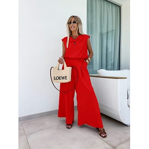 BROSSE TEXTILE ENSEMBLE TOP NOEUD PAPILLON ET PANTALON FLUIDE:Rouge