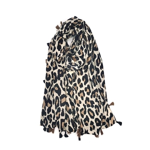 SCARPY CREATION ECHARPE LEOPARD POMPOM 4 COTES<br>Beige