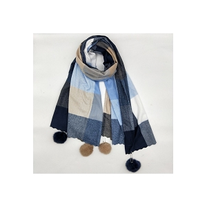 SCARPY CREATION ECHARPE DAMIER POMPON<br>Bleu