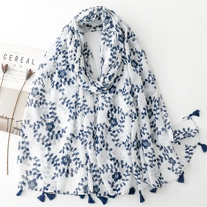 SCARPY CREATION FOULARD FLEURS AVEC POMPOM<br>Bleu