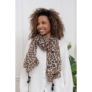 SCARPY CREATION FOULARD LEOPARD POMPONS<br>Beige