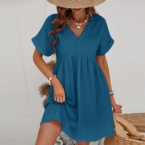SCARPY CREATION ROBE GAZ DE COTON COL V<br>Bleu