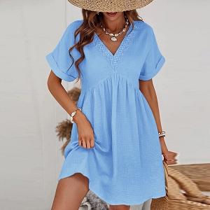 SCARPY CREATION ROBE GAZ DE COTON COL V<br>Bleu