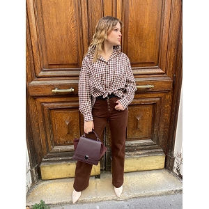VESTE COURTE FAUSSE FOURRURE CHEMISE CARREAU LARGE COL:Marron