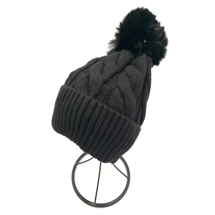 Scarpy creation bonnet pompon motif torsade noir