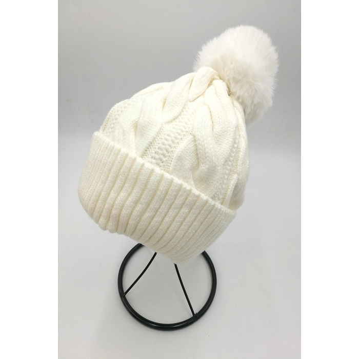 Scarpy creation bonnet pompon motif torsade blanc