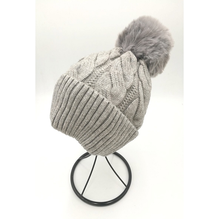 Scarpy creation bonnet pompon motif torsade gris