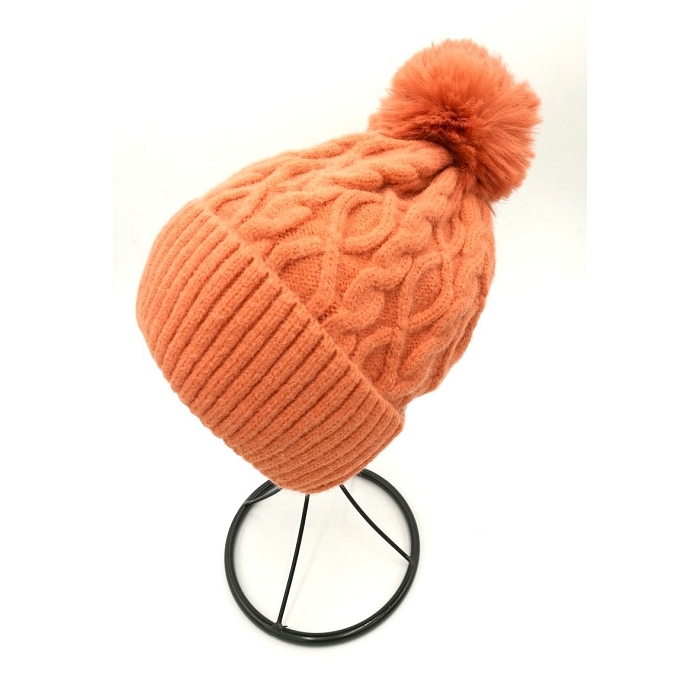 Scarpy creation bonnet pompon motif tricot orange