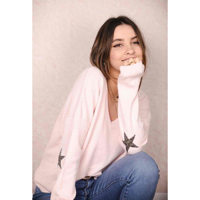 SCARPY  Le bon sens ete sport pull coudiere etoile rose vet femme