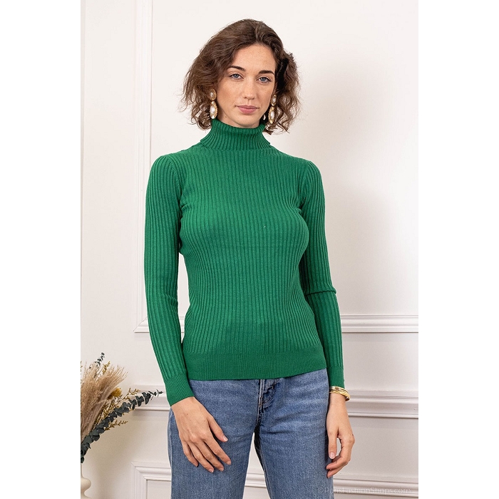 Scarpy creation diva pull maille cotelee col roule vert