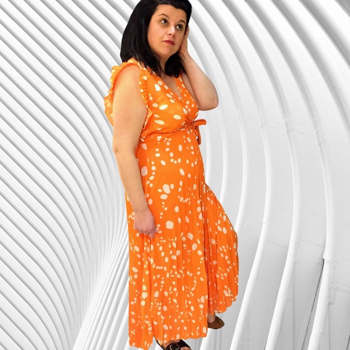 Scarpy creation kalia robe longue plissee motif a poids orange3770703_2