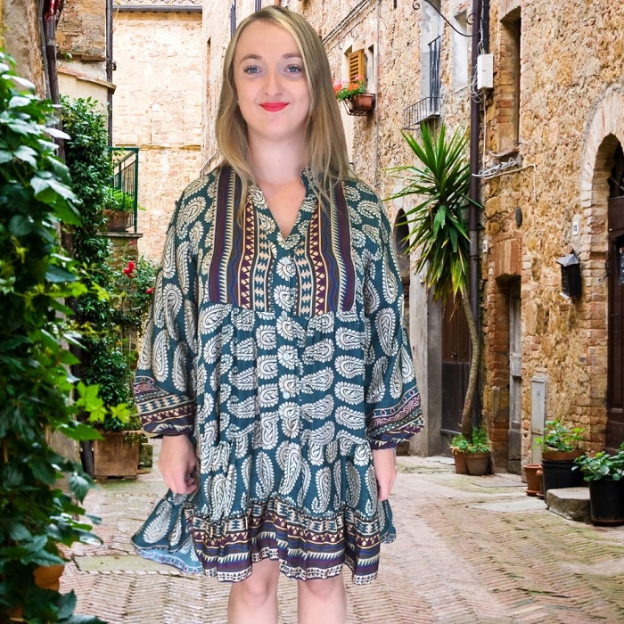 Scarpy creation my katyka robe satin en soie imprime yl bleu