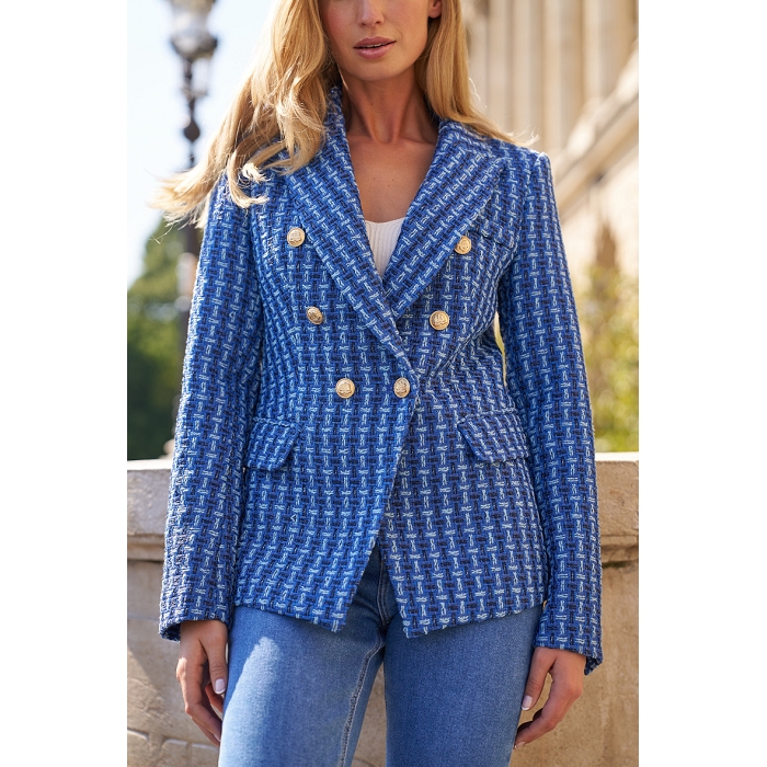 Scarpy creation my claudia veste cintree tweed yl bleu