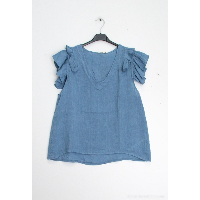 Scarpy creation blouse volants aux manche lin bleu