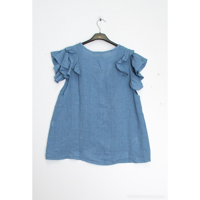 Scarpy creation blouse volants aux manche lin bleu3891402_2