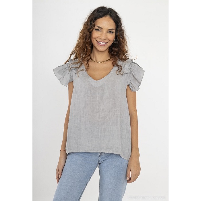 Scarpy creation blouse volants aux manche lin gris