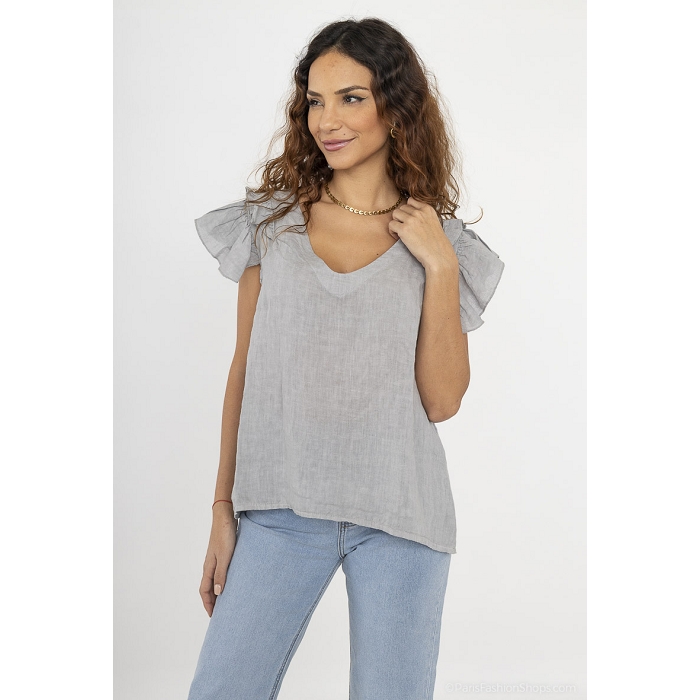 Scarpy creation blouse volants aux manche lin gris3891403_4