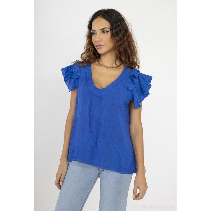 Scarpy creation my blouse volants aux manche lin yl bleu