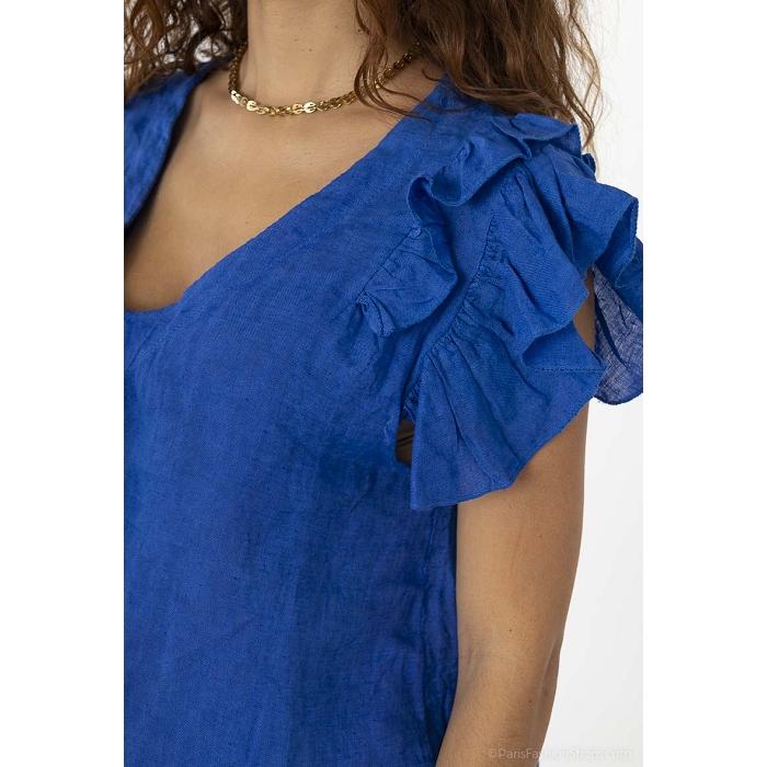 Scarpy creation blouse volants aux manche lin bleu3891405_2