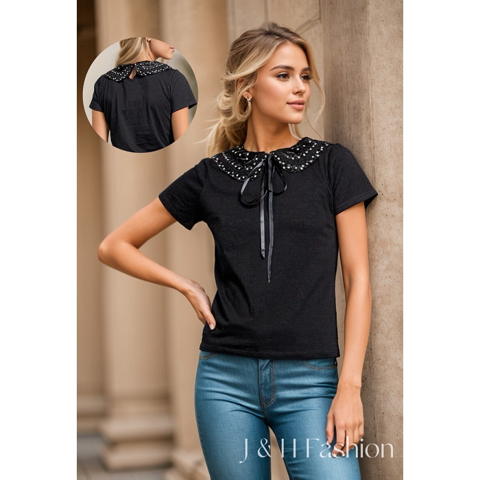 Scarpy creation chandaille col claudine noir