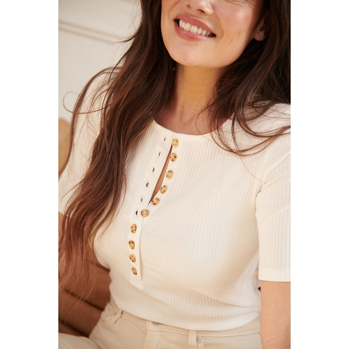 Scarpy creation t shirt maile cotelee boutonnee blanc