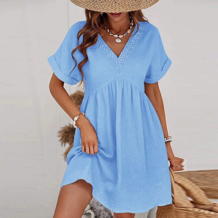 Scarpy creation robe gaz de coton col v bleu