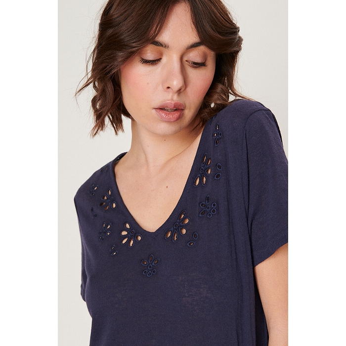 Scarpy creation t shirt col v ajoure bleu