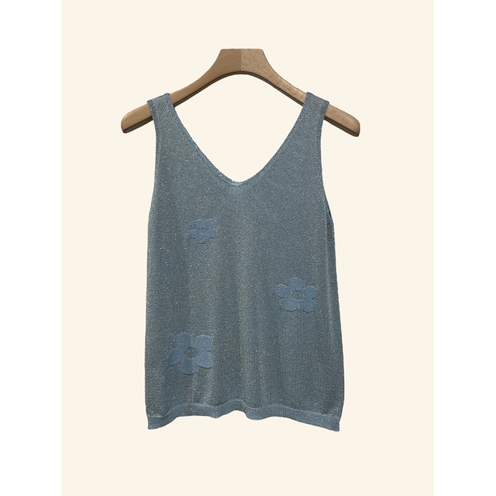 Scarpy creation debardeur brillant fleurs bleu