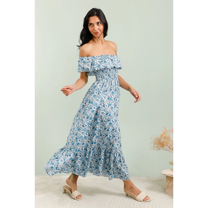 Scarpy creation robe fleurie epaules denudees bleu