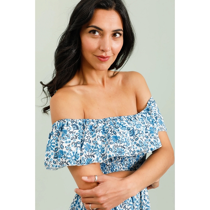 Scarpy creation robe fleurie epaules denudees bleu4813001_2
