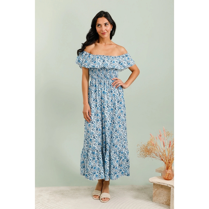 Scarpy creation robe fleurie epaules denudees bleu4813001_3