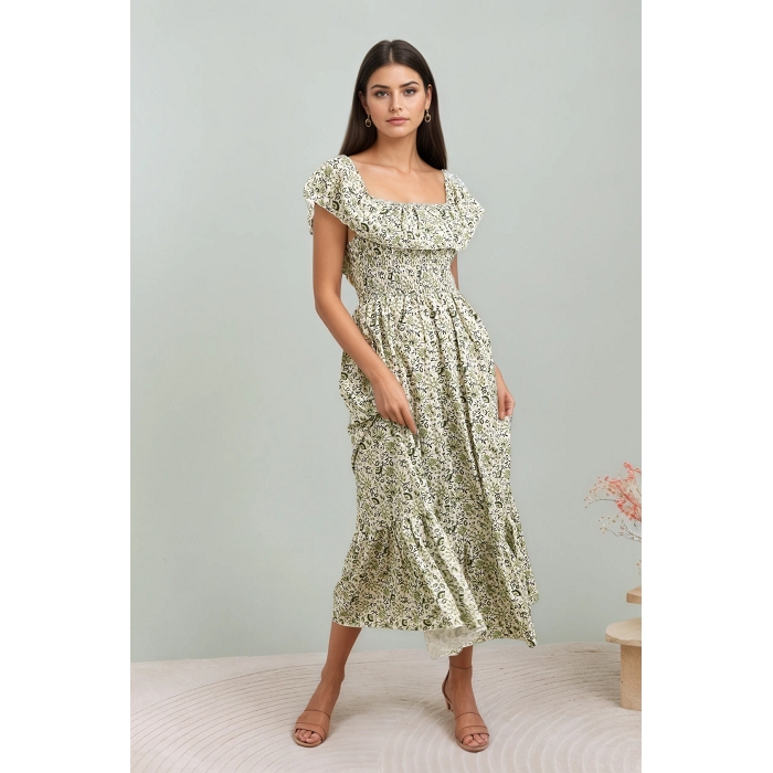 Scarpy creation my robe fleurie epaules denudees yl vert