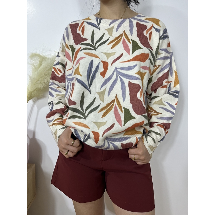 Scarpy creation pull automnale fleurs beige