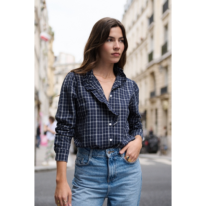 Scarpy creation chemise a carreaux volant bleu