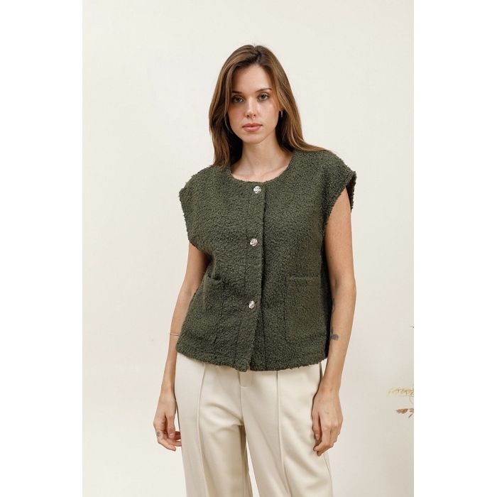 Scarpy creation gilet bouclee a bouton doree vert4849603_2