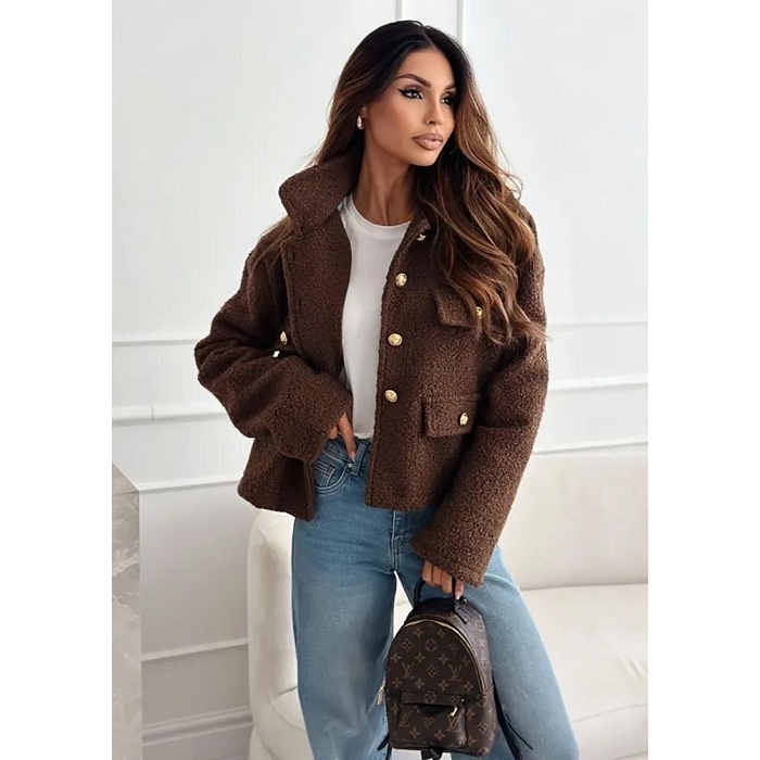 Scarpy creation veste bouclee a bouton doree marron4861704_3