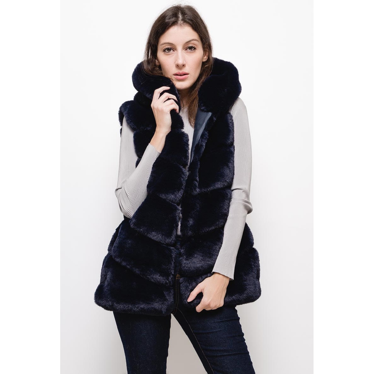 SCARPY | Scarpy creation hiver sport my gilet en fausse fourrure sans  manche avec capuche yl bleu vet femme